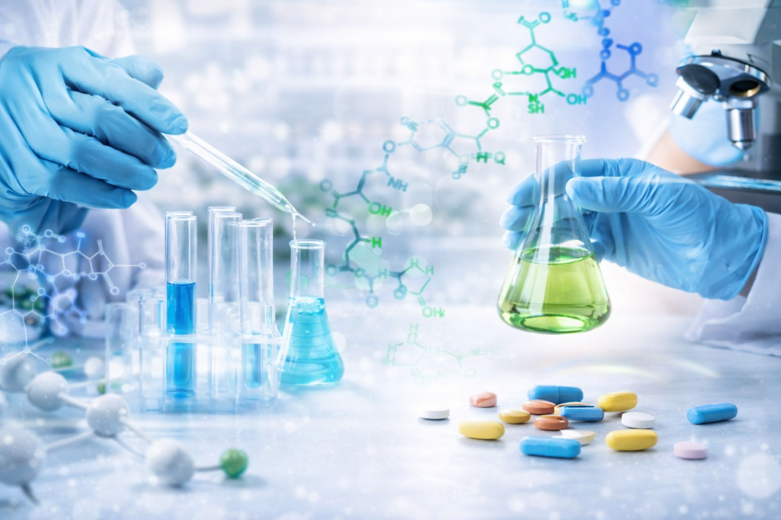 Scientists conducting pharmaceutical research with chemical formulations, laboratory glassware, and molecular structures