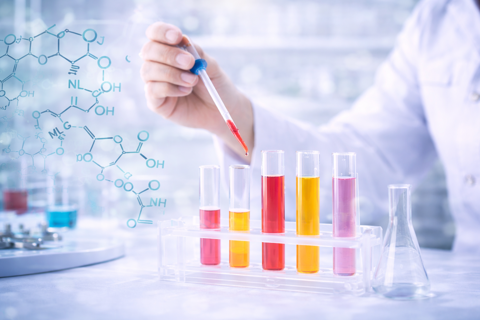 Chemical research and synthesis concept showing a molecular model and laboratory glassware