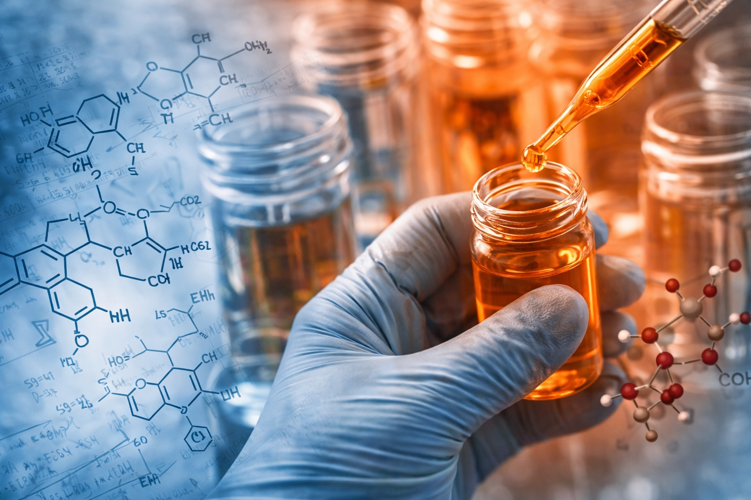 Chemical synthesis process in a pharmaceutical laboratory with liquid samples, pipette handling, and molecular structure illustrations